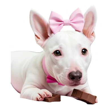 Need stickers with a mini bull terrier that is all white but has a brown spot around its right eye that goes a little towards the top of its head but not towards its ear. It is a girl dog so it needs to be cute on some stickers, like with a pink bow on its head. Need a sticker of it eating a chocolate bar. Of it eating crackers. Of it taking up the whole couch. Of it lying under the computer desk. sticker