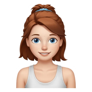 Una chica de tez blanca con pecas, nariz respingada, labios gruesos, ojos grandes color azul grisáceo, pelo largo, lacio, color castaño. Con una blusa de tirantes blanca. Que este sonriendo y q solo se vea de la cintura hacía arriba sticker