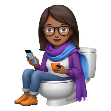 Fille châtain foncé avec lunettes. Elle porte une grosse écharpe violette, bleu et orange. Elle assise dans une cuvette de toilette. Téléphone en main. Realiste sticker