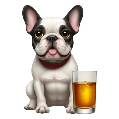 French bulldog with a bottle of whiskey sticker