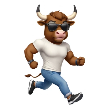 friendly anthropomorphised bull in jeans and a t-shirt, wearing dark sunglasses, jogging upright sticker