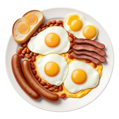 Cinematic Realistic English Breakfast Dish Emoji, showcasing a hearty ensemble of eggs, bacon, sausages, baked beans, and grilled tomatoes rendered with lifelike texture and vibrant, appetizing detail that exudes comforting tradition. sticker