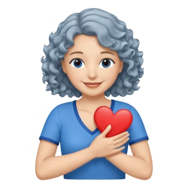 Silver, wavy/curly hair chin-length lady giving hug with 2 arms, blue v-neck and smiling, add a heart, not blue hair sticker