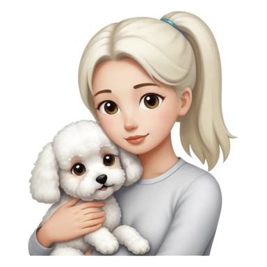 One long face girl with straight hair in a ponytail，hugging one Bichon frise sticker