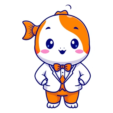 A super kawaii koi fish character with enormous cute eyes, blushing cheeks, bubbly playful expression, orange and white patterns, wearing a tiny business suit with bowtie sticker