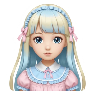 girl , who has straight hair blonde and baby bule swirled hair with bangs , grey eyes , and doll like makeup , in a light pink lolita hime gyaru dress  sticker