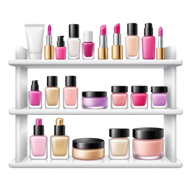 a white shelf with few beauty products and sparkles sticker