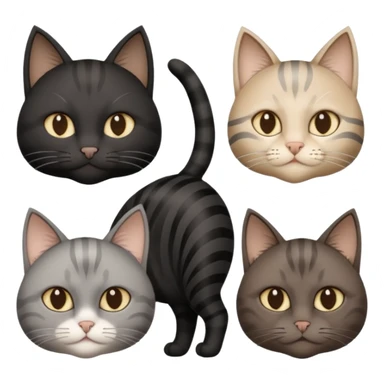 gatto nero con muso zona naso bianco (ricorda la maschera di batman), gatto siberiano grigio e beige mescolato, gatto grigio chiaro con qualche striatura grigio scura, gatto marrone con macchie beige sticker