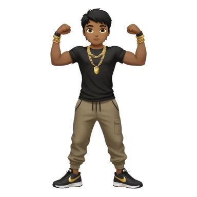 full side body close up view of muscular 13yo boy with veiny hands arms and biceps. has messy black hair with dark-tan skintone with black tshirt. has gold chain and nike shoes with baggy pants sticker