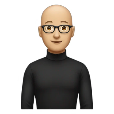 bald individual with an oval-shaped head, dressed in a black turtleneck, and wearing glasses sticker