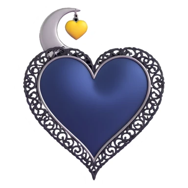 gothic heart, midnight blue satin texture, silver crescent moon charm, black lace trim, mysterious and elegant sticker