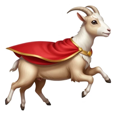 side view of white female goat wearing a read cape like superman sticker