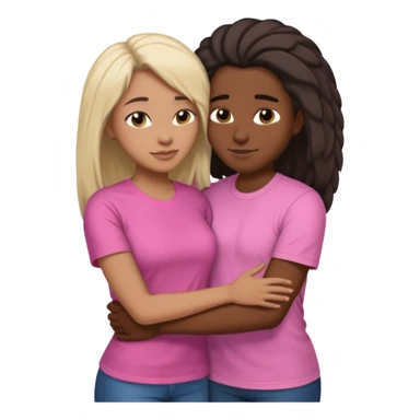 Black lesbian couple with one dark skin masculine with short hair low cut fade with a t shirt and one feminine with very long hair in a pink blouse hugging  sticker