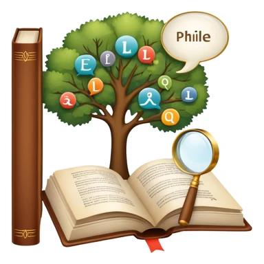 An icon featuring an open book, a speech bubble, and a linguistic tree, symbolizing philology and linguistics. The design includes alphabets, language symbols, and a magnifying glass, representing the study of language, structure, and meaning. Transparent background sticker
