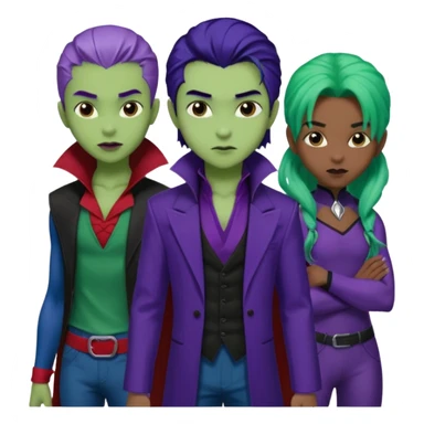 Solo poly platonic relationship, one African girl, one Asian boy, one biracial features Asian tomboy girl rat-tail hair long and upper masculine hair 90s, vampire and marvel cosplay elements inspired  use marvel colours, like instead of obvious human, green purple blue etc,  sticker