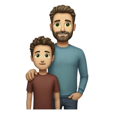 Handsome Father 40s green eyes with short full beard with Son 13s tousled bedhead look both has brunette hair light skin arms on shoulder portrait sticker