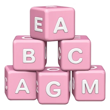 three Light pink and white toy alphabet blocks stacked with different letters sticker
