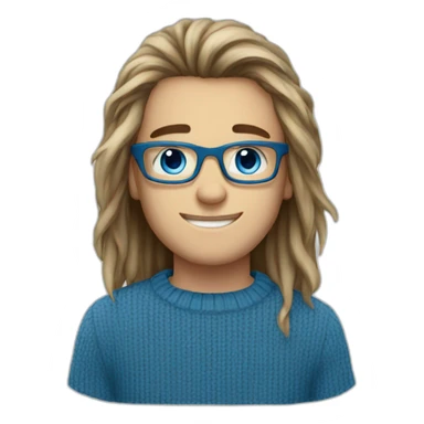 Long emo haired boy blue eyes rectangle nerd glasses smiling wearing blue sweater sticker
