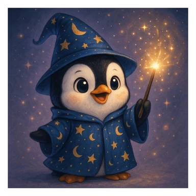 A cute penguin wizard with a starry robe and a glowing wand, casting a spell. sticker