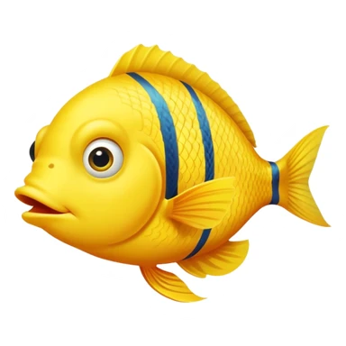 bright yellow fish in strict side view profile, facing exactly to the right, only one side visible, single eye, perfectly flat 2D representation, dopey stupid expression sticker