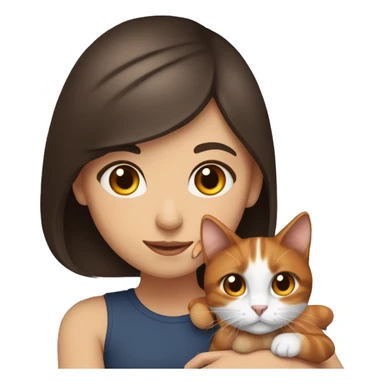 Brunette girl with brown eyes, holding a tricolor  black white and orange cat sticker