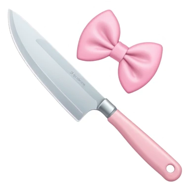 Cute emoji style illustration of a kitchen knife with a pink bow tied directly around the handle of the knife, not floating, not separate, kawaii style, rounded shapes, pastel colors, friendly look, flat vector design, white or transparent background, simple emoji icon sticker