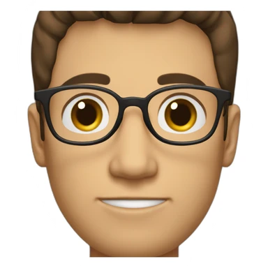 A guy with dark brown hair and glasses with a symmetric shaped face and a brown pullover sticker