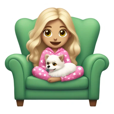 Girl blonder long hair mauve pink plump lips green eyes sitting in cozy chair wearing red and pink heart design on pjs holding a white Pomeranian sticker