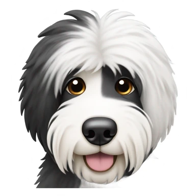 Old English sheepdog with a half and half face like a black (right side) and white (left side) cookie sticker
