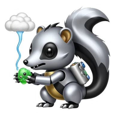 evil robot skunk with bacteria and fart cloud in samsung emoji style sticker