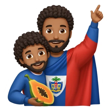 A very happy papaya hugging a medium dark skinned man with dark curly hair with a beard and Dominican flag behind them sticker