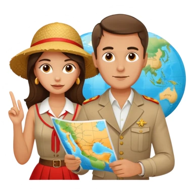 Russian man and elegant Spanish girl in vacation outfits with a map planning  sticker