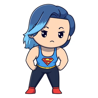 Adult female-very very very large upper body-Beautiful-shameful look on face-very long and very straight black to sky blue ombre hair-blue sad eyes-cute sky blue lowcut tanktop-black with superman logo- leggings sticker