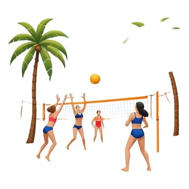 A volleyball resting on the orange sand of a beach, with a volleyball net in the background. The scene includes a beautiful beach landscape with blue sea, sky, and palm trees, while a couple of women in swimsuits play in the distance, capturing the relaxed yet competitive vibe of beach volleyball. sticker