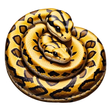 A photo-realistic top-down view of a Ball Python gently coiled into a tight spiral, with its head resting peacefully at the center. Its scales are warm brown with bold, irregular black markings, including the distinctive “alien-head” pattern, flowing smoothly along its body.  sticker