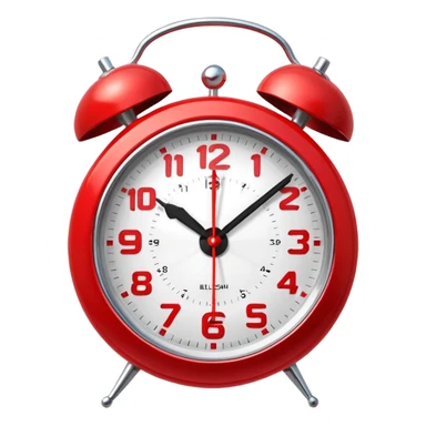 “Classic alarm clock emoji ⏰ in clean 3D style, smooth rounded clock body, bright red color, shiny metallic bells, ultra-glossy plastic texture, reflective surface, clear clock face with simple hands, soft studio lighting, subtle highlights, cute emoji proportions, ultra-polished 3D look,  sticker
