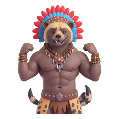 A native strong buff hyena with war bonnet flexing posing  sticker