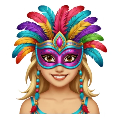 A girl wearing a decorated festival mask with bright feathers, smiling softly beneath it. sticker