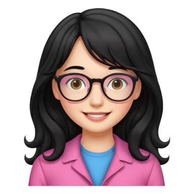 Please generate a portrait of a pretty girl with long, wavy, black hair. She's smiling. She also wears a middle parting and bangs. with glasses pink clothing sticker