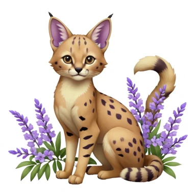 Realistic wild real life cute cool beautiful gorgeous floral pastel-lilac-violet-lavender caracal-serval-civet-genet-hybrid-animal-Fakémon-fursona photo IRL outside (full body) sticker
