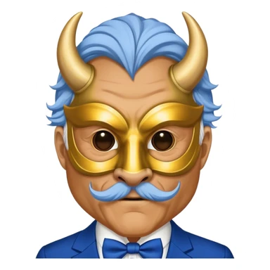 a old man, with a Blue suit,  wear half-face golden Buffalo masquerade mask sticker