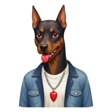 Generate a emoji of a big evil doberman dog with red eyes and a tongue sticking out, give the doberman a human body with a white shirt and baggy jeans sticker