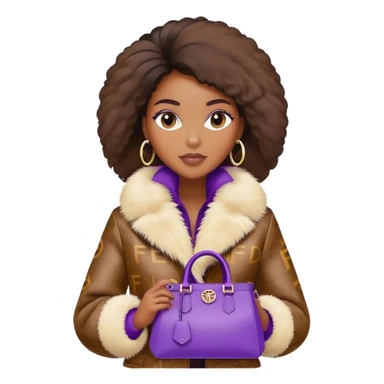 Beautiful black woman wearing a brown monogram Fendi jacket with a fur trim. She is carrying a purple Fendi peekaboo bag. I want the image to start at her head and end at the chest sticker