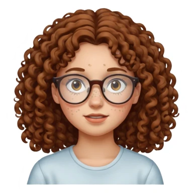 make a really curly hair, teen girl with glasses and late acne that looks like freckles sticker
