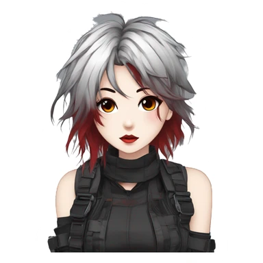 Gorgeous techwear anime style lady with blushing face aesthetic and pretty edgy black red white punk messy hair with collar and harness trending style sticker