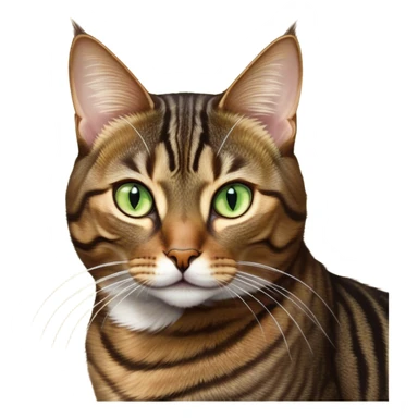 Cinematic Noble Brown Tabby Cat Portrait Emoji, Poised and regal, with sleek, well-groomed fur in warm brown tones accented by bold dark tabby stripes, striking almond-shaped golden-green eyes, Simplified yet sharp and sophisticated features, highly detailed, glowing with a soft, dignified glow, high shine, intelligent and graceful, stylized with an air of elegance, focused and attentive, soft glowing outline, capturing the essence of a watchful and refined feline, so majestic it feels as though it could glide across the screen with effortless confidence! sticker