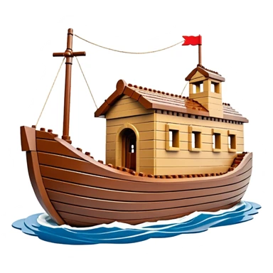 Huge empty wooden Lego Noah's ark boat on water, wide and spacious, no occupants, realistic details sticker
