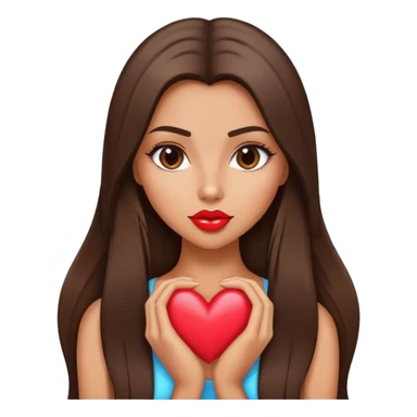 Model tanned beautiful girl with pump lips and brunette straight long hair showing heart sticker