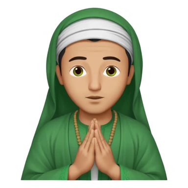 an Algerian man praying, dressed in green with a djellaba sticker