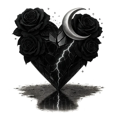 Edit the gothic heart to be formed from splintered deep black glass, silver crescent moon, black roses, sparkling holographic stardust, neon lightning, and a wet, reflective surface. Keep the background transparent. Maintain the gothic heart style and details. sticker